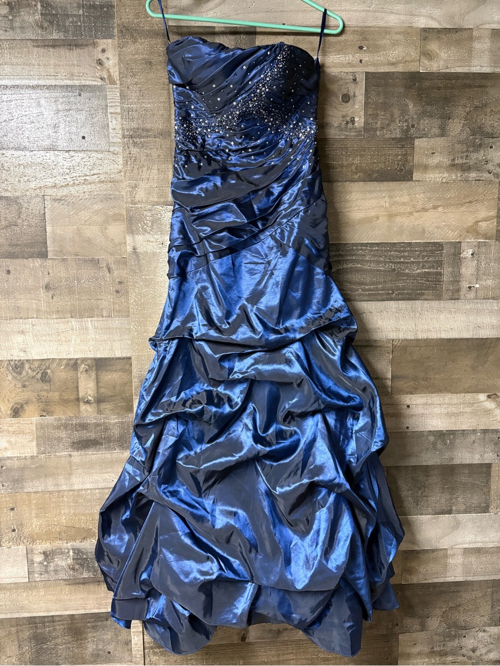 Vintage Strapless Blue Satin Evening Gown with Beaded Corset Bodice